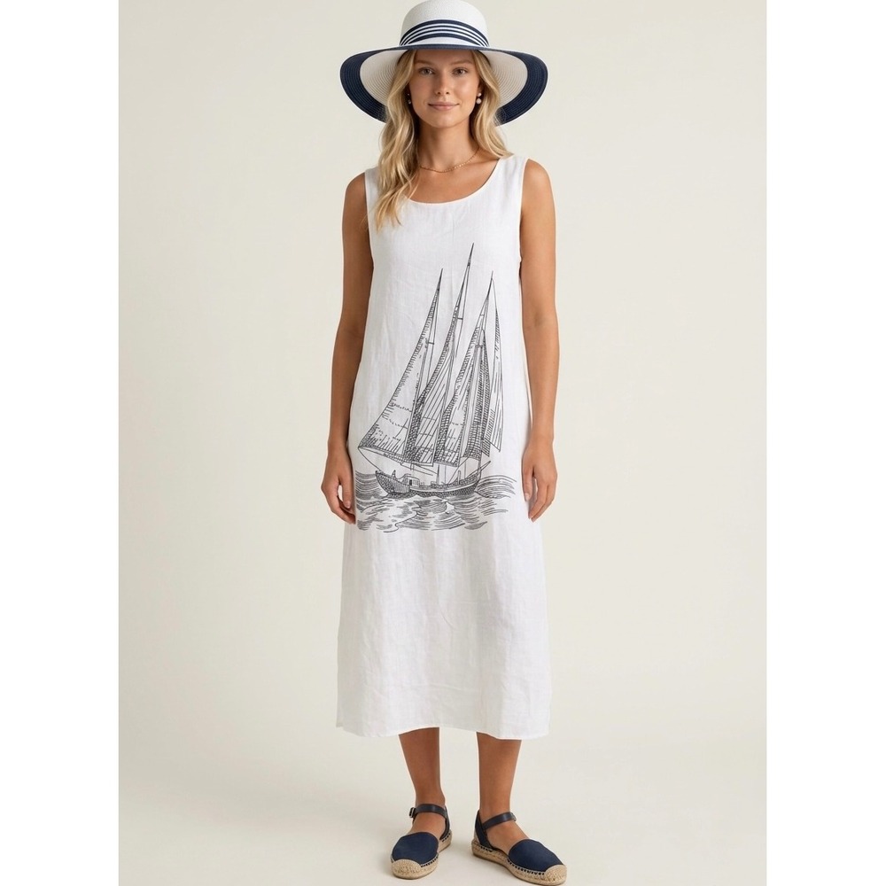 Variations Sailboat Sleeveless Layered Midi Dress White Size Large Nautical